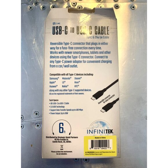 USB-C To USB-C Sync & Charge Cable 6 Ft By InfiniTek Smartphone/Tablet/Laptop Da - Picture 2 of 2